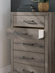 Graystorm chest of drawers by Ashley Furniture, featuring a modern gray finish and multiple storage drawers in a detailed view.