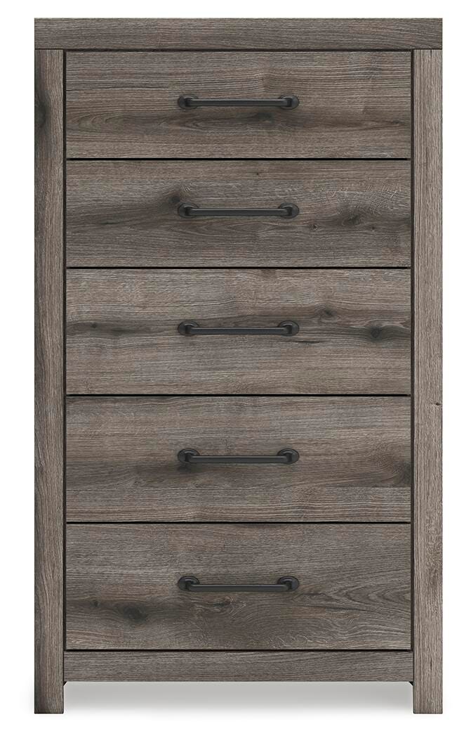 Graystorm chest of drawers by Ashley Furniture, featuring a sleek gray finish and multiple storage drawers, shown head-on.