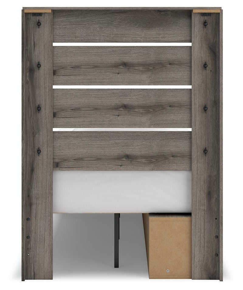 Graystorm bedroom set by Ashley Furniture, featuring a bed frame, nightstands, and dresser in a modern gray finish.