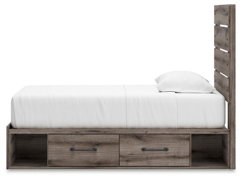 Graystorm Bed with Storage by Ashley Furniture, showcasing a modern gray bed frame with built-in storage drawers and side panels.