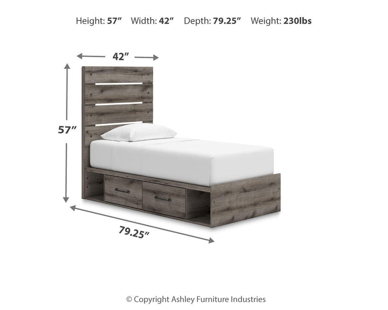 Graystorm bed with storage from Ashley Furniture showing the bed frame with built-in storage drawers in a cozy bedroom setting.