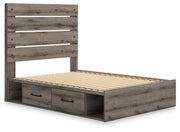 Graystorm storage bed by Ashley Furniture shown from an angle with built-in storage drawers and a modern gray finish.