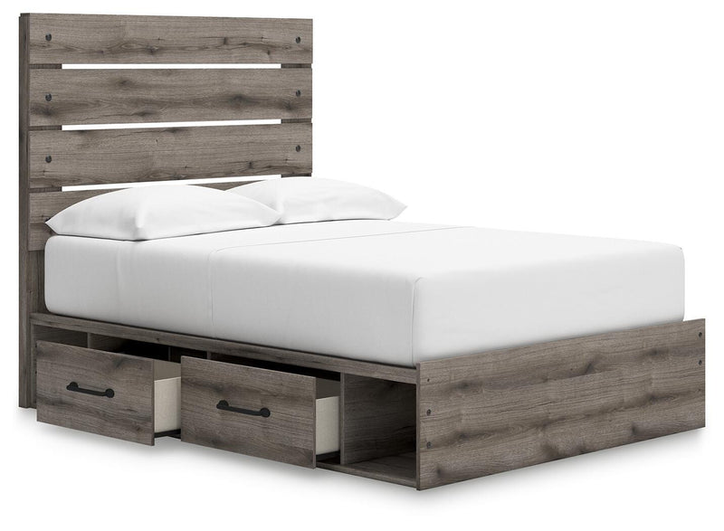 Graystorm bed with storage from Ashley Furniture, shown in an angled open view highlighting the bed frame and storage compartments.