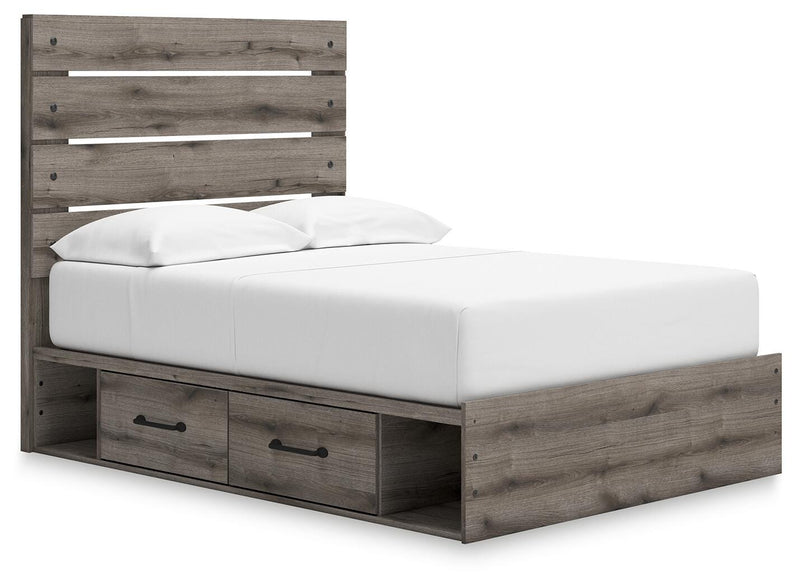 Graystorm bed with storage by Ashley Furniture, angled view showing the modern bed frame with built-in storage drawers.