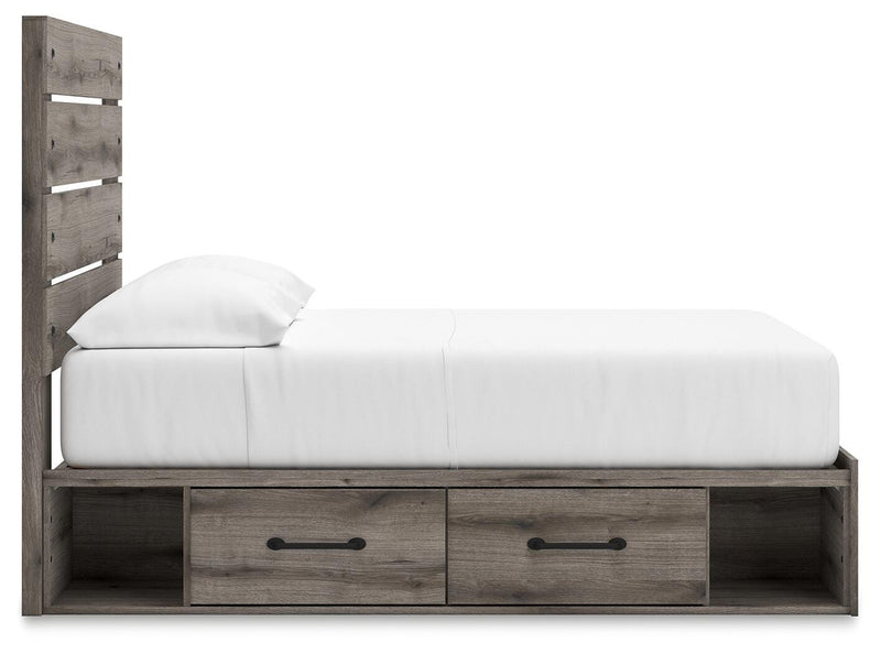 Graystorm storage bed by Ashley Furniture featuring a modern gray finish and built-in under-bed storage drawers.