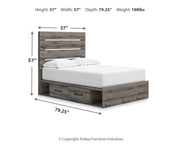 Graystorm bed with storage from Ashley Furniture featuring a modern gray upholstered design and built-in storage drawers.