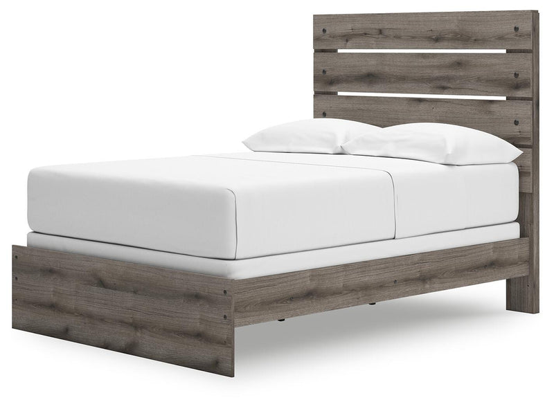 Graystorm bedroom set by Ashley Furniture, featuring a bed, dresser, and nightstands in a modern gray finish.