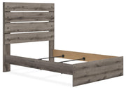 Graystorm bedroom set by Ashley Furniture, includes a bed frame, nightstands, and dresser shown from an angled view.
