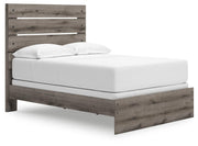 Graystorm bedroom set by Ashley Furniture, including bed frame, nightstands, and dresser, shown from an angled view.