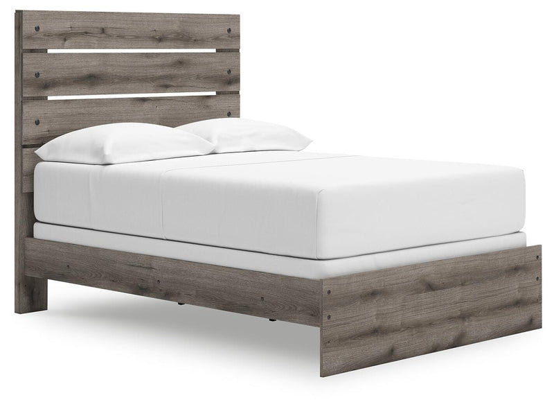 Graystorm bedroom set by Ashley Furniture, including bed frame, nightstands, and dresser, shown from an angled view.
