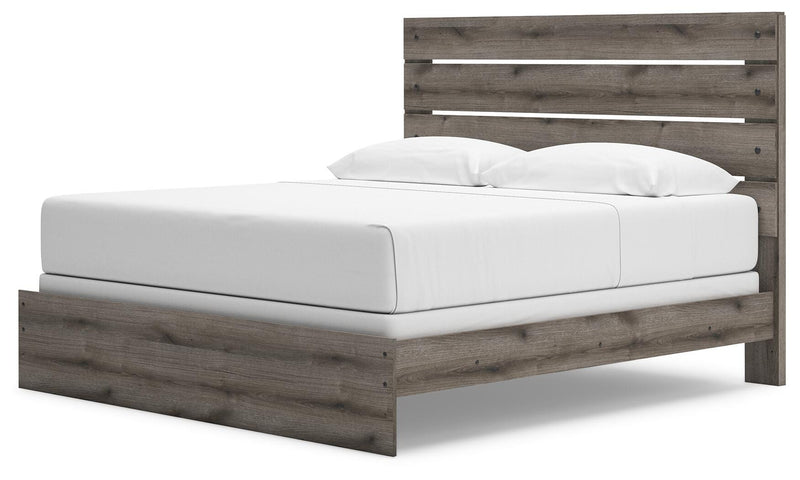Graystorm bedroom set by Ashley Furniture featuring a bed, nightstands, and matching dresser in a modern gray finish.