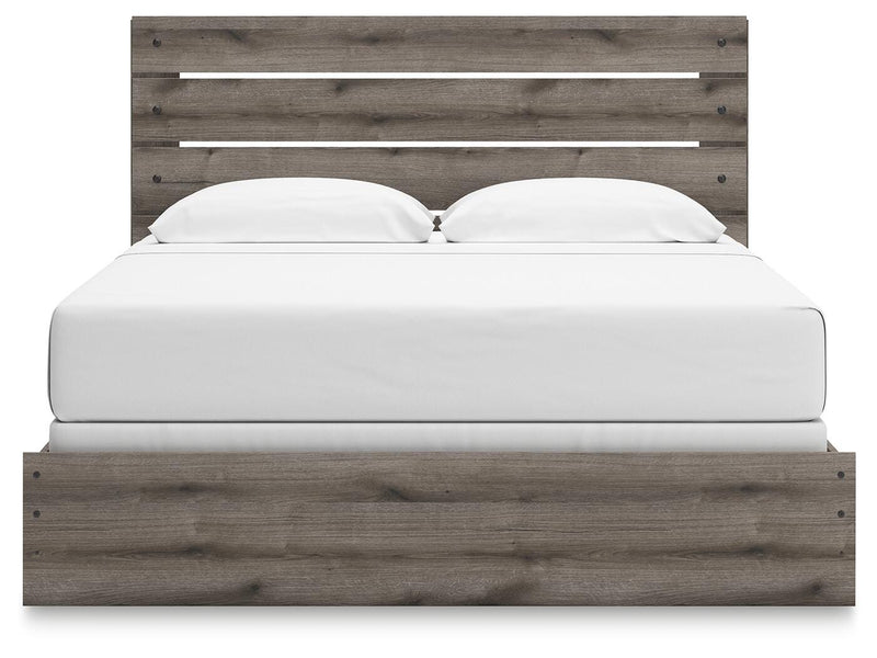 Graystorm bedroom set by Ashley Furniture featuring a bed with a headboard and matching bedroom furniture, shown from a head-on view.