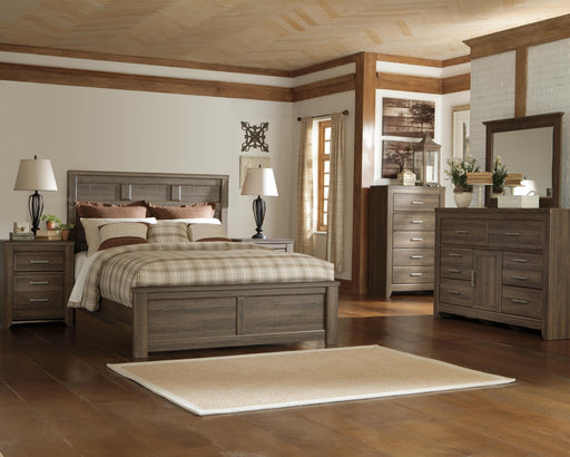 Ashley Furniture Juararo bedroom set featuring a bed, nightstands, and dresser with a modern, elegant design in neutral tones.
