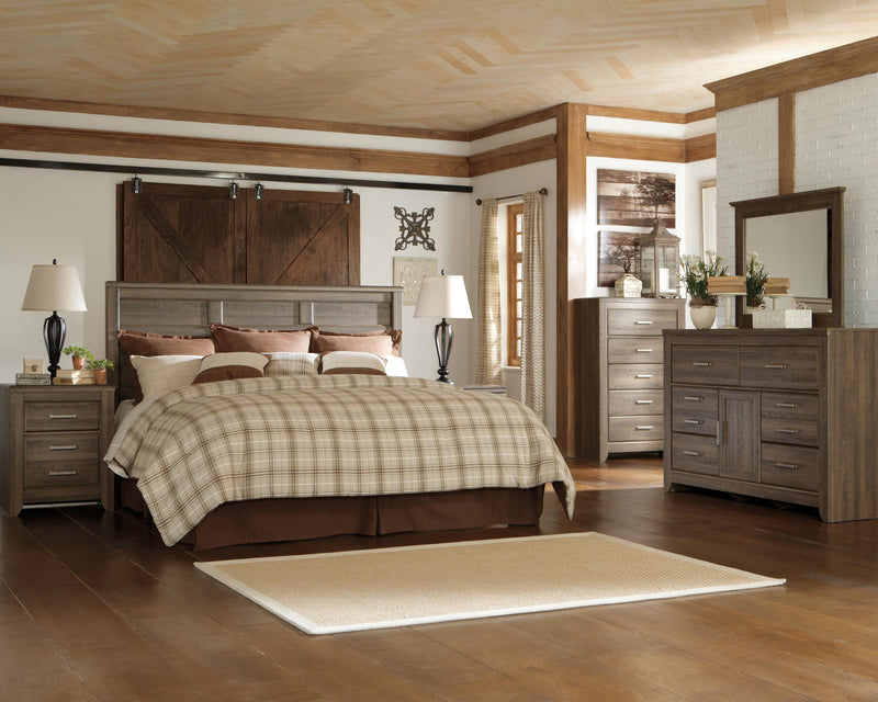 Ashley Furniture Juararo bedroom set with a bed, dresser, and nightstands in a modern wood finish.