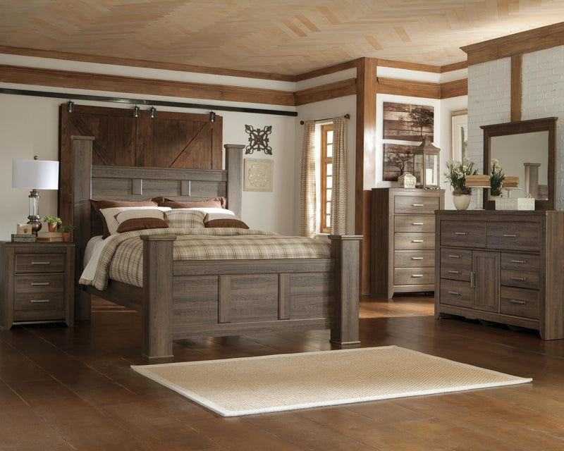 Ashley Furniture Juararo bedroom set with a bed frame, nightstands, and dresser featuring a rustic wood finish and modern design.