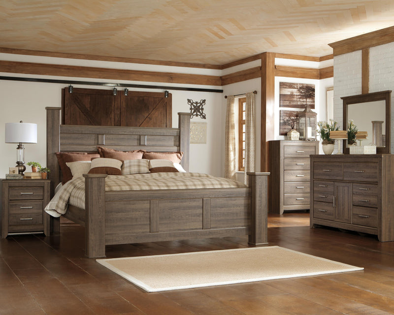 Ashley Furniture Juararo bedroom set with a modern bed frame, matching nightstands, and dresser in a stylish bedroom arrangement.