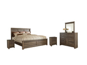 Ashley Furniture Juararo bedroom set featuring a bed with a tufted headboard and matching nightstands in a modern design.