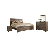 Ashley Furniture Juararo bedroom set includes a bed frame, nightstands, and dresser with elegant wood finish and modern design.