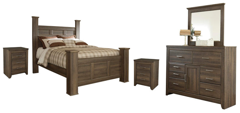 Ashley Furniture Juararo bedroom set featuring a bed, nightstands, and dresser with a rustic wood finish.