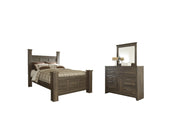 Ashley Furniture Juararo bedroom set featuring a bed frame, nightstands, and dresser with elegant wood finish and contemporary design.