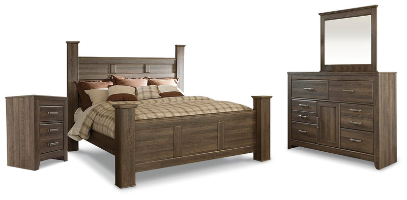 Ashley Furniture Juararo bedroom set featuring a bed, matching nightstands, and dresser in a modern design with wood finish.