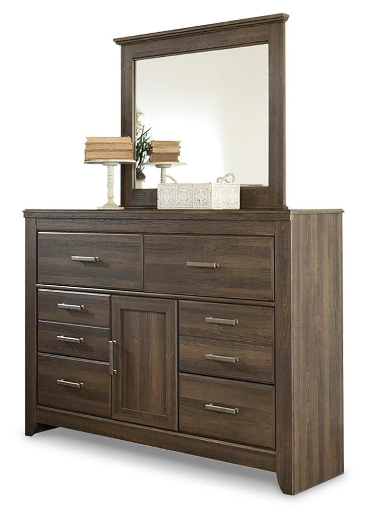 Ashley Furniture Juararo dresser and mirror set with wood finish and modern design, showcasing the dresser and matching mirror.