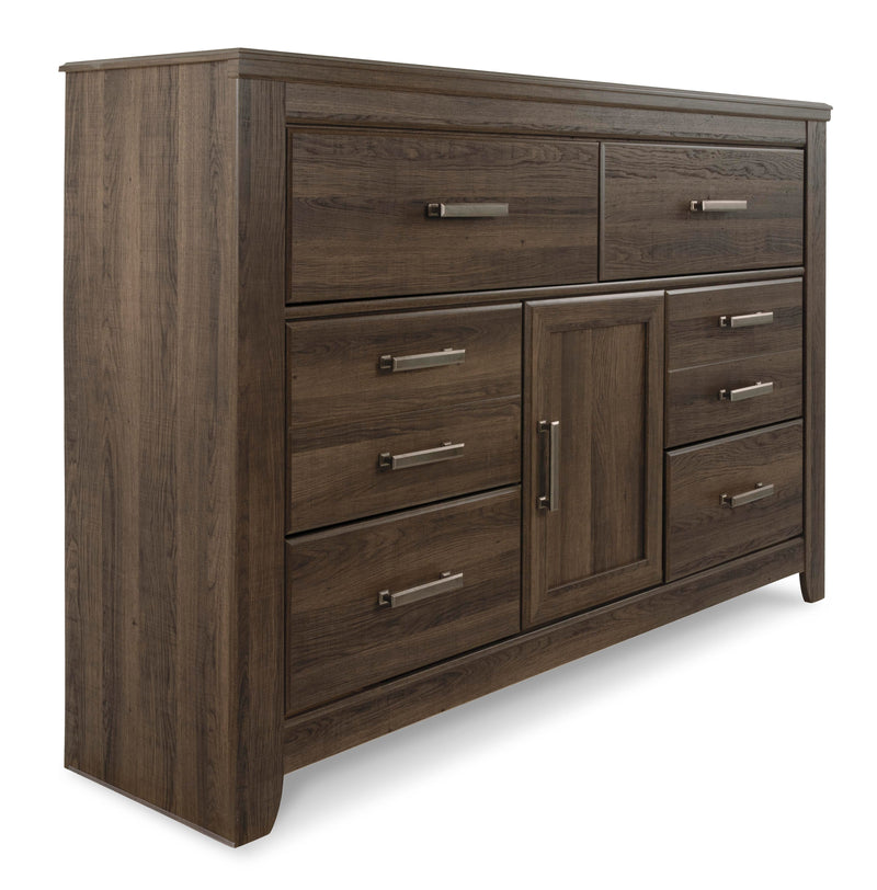 Ashley Furniture Juararo dresser with multiple drawers, showcasing a modern design and dark wood finish.
