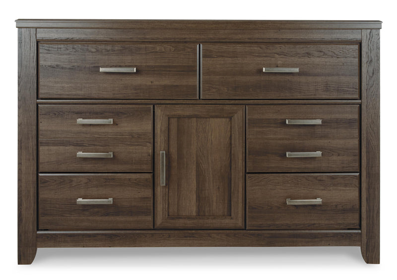Ashley Furniture Juararo dresser with mirror, wood finish, and contemporary design, shown from a front head-on view.