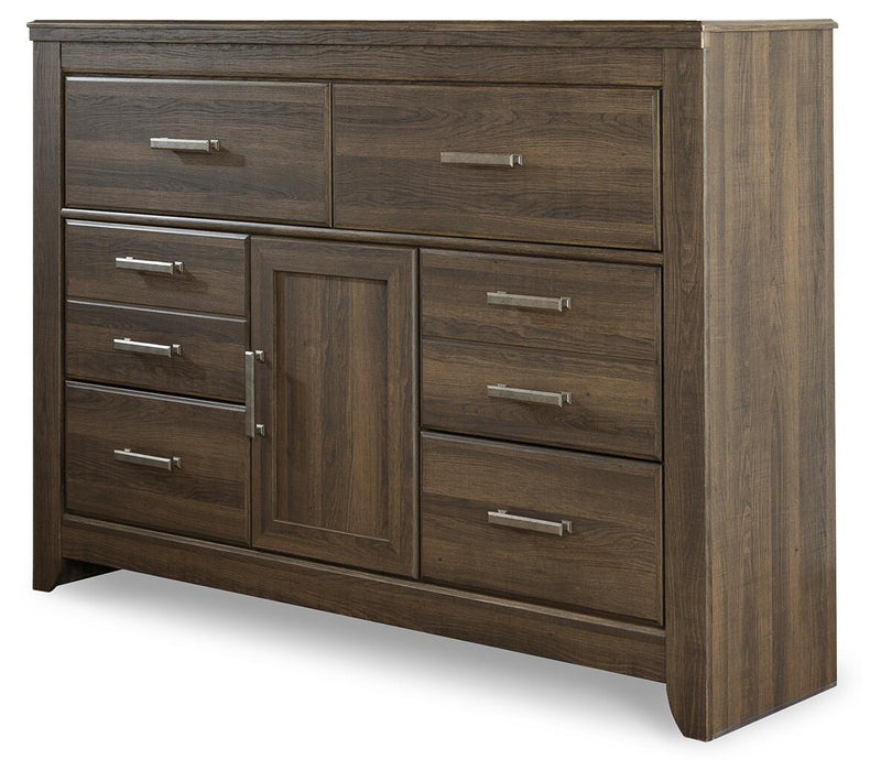 Ashley Furniture Juararo dresser with a sleek wood finish and modern design, featuring multiple drawers for ample storage.