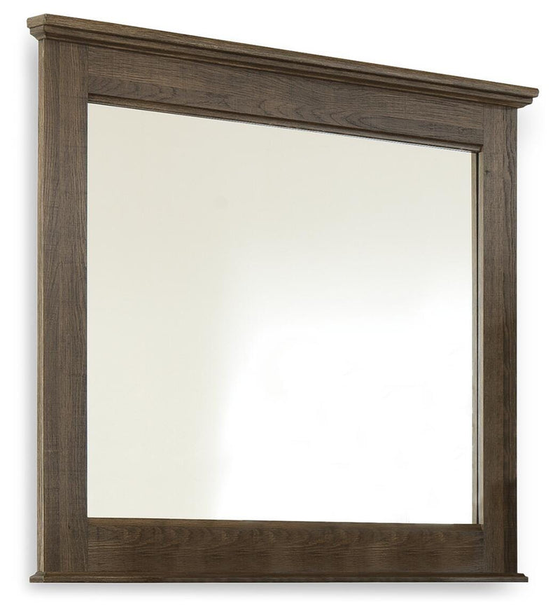 Ashley Furniture Juararo bedroom mirror with a sleek rectangular design and a wooden frame for elegant bedroom decor.
