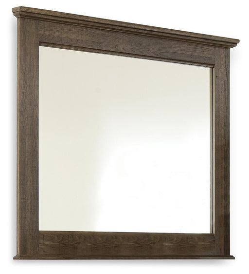 Ashley Furniture Juararo bedroom mirror with a sleek rectangular design and a wooden frame for elegant bedroom decor.
