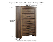 Ashley Furniture Juararo chest of drawers with dark wood finish and sleek metal handles, showcasing ample storage space.