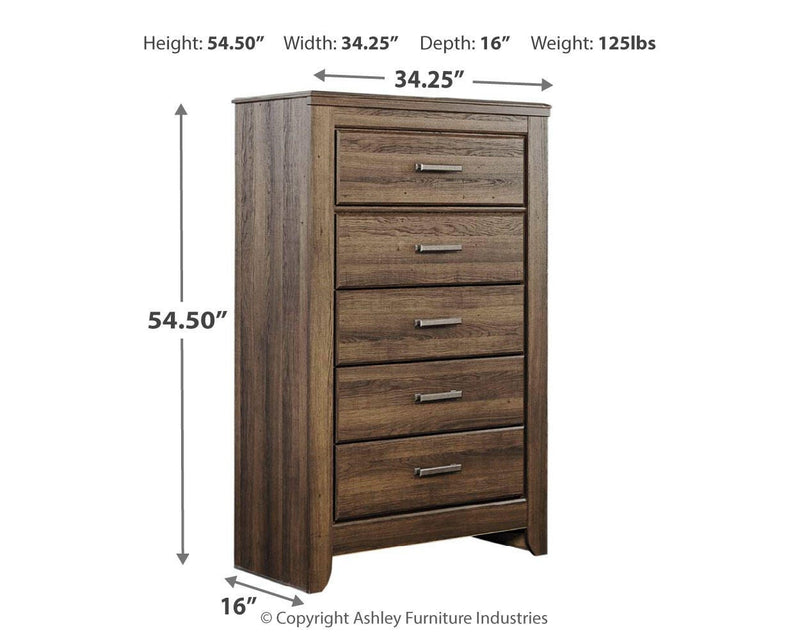 Ashley Furniture Juararo chest of drawers with dark wood finish and sleek metal handles, showcasing ample storage space.