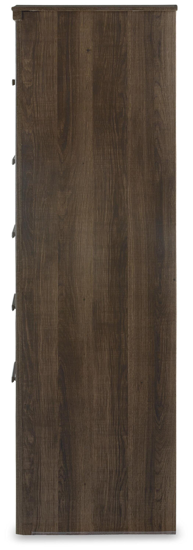 Ashley Furniture Juararo chest of drawers with dark wood finish and sleek metal handles, shown from a side view.
