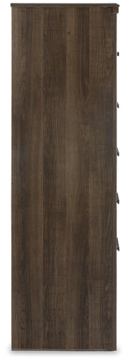 Ashley Furniture Juararo chest of drawers with a dark wood finish, featuring multiple drawers and sleek design.