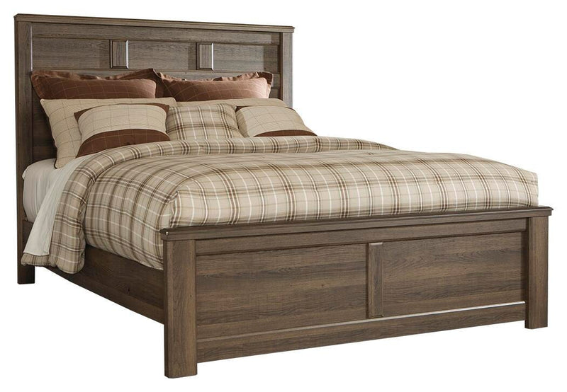 Ashley Furniture Juararo bedroom set featuring a modern bed frame, matching nightstands, and dresser with warm wood finish.