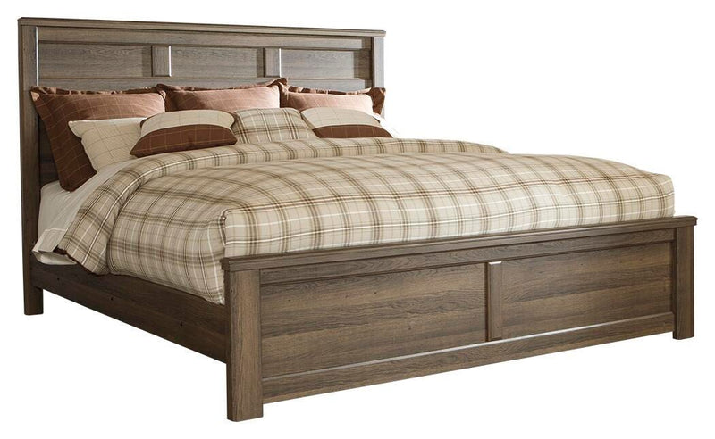 Ashley Furniture Juararo bedroom set with a modern bed frame, matching nightstands, and dresser in a stylish bedroom setup.