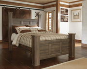 Ashley Furniture Juararo bedroom set includes a bed frame, nightstands, and dresser in a modern design with wood finish.