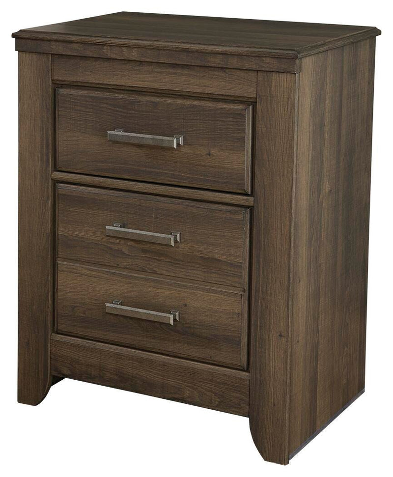 Ashley Furniture Juararo bedroom set featuring a bed, dresser, and nightstands with a modern wood finish and stylish hardware.
