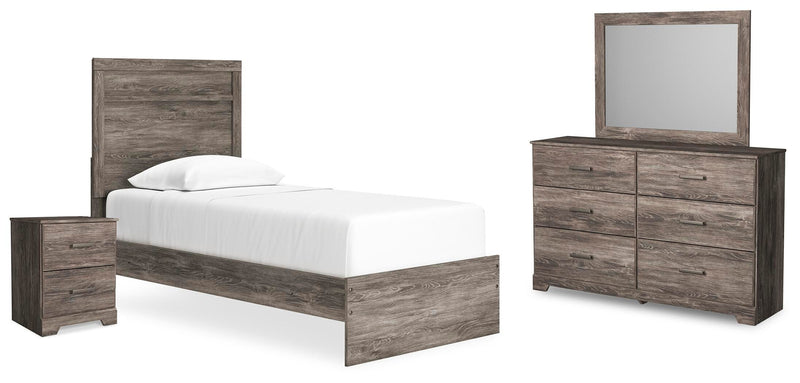 Ashley Furniture Ralinksi bedroom set with a bed, nightstands, and dresser in a modern wood finish, shown in a stylish bedroom scene.