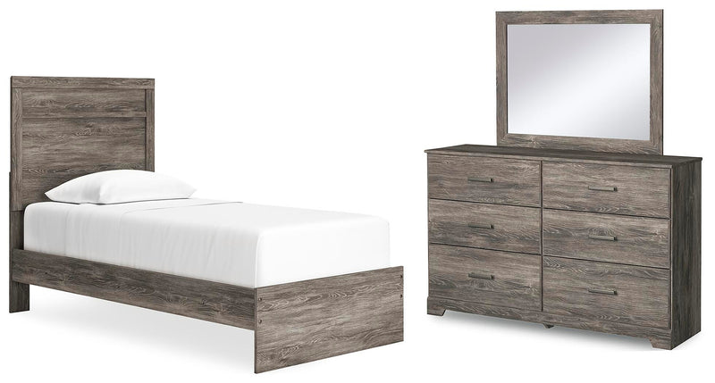 Ashley Furniture Ralinksi bedroom set featuring a bed frame, nightstands, and a dresser in a modern design.