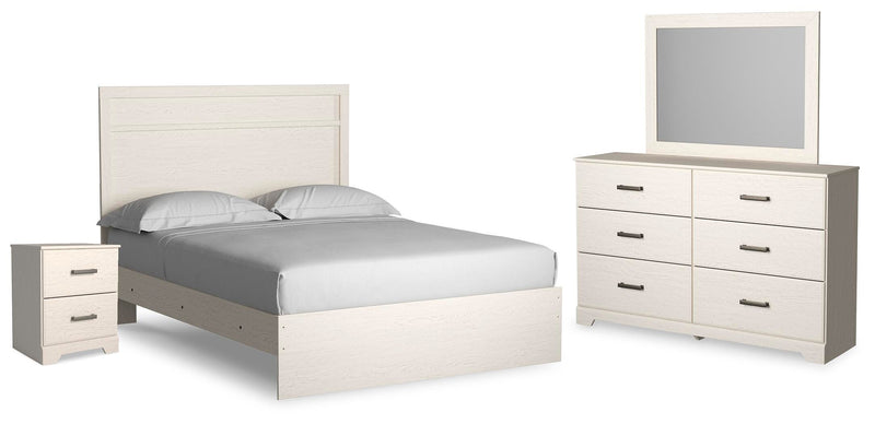 Ashley Furniture Stelsie bedroom set with a bed, nightstands, and dresser in a modern design with neutral finishes.