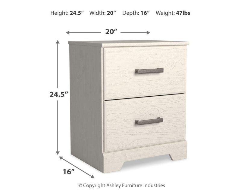 Ashley Furniture Stelsie bedroom set featuring a bed, nightstands, and dresser with a modern design and neutral finish.
