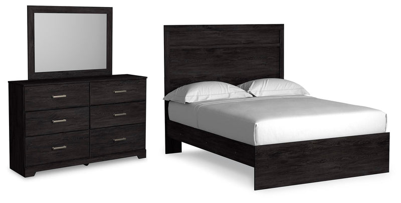 Ashley Furniture Belachime bedroom set includes a bed, dresser, and nightstands in a modern wood finish.