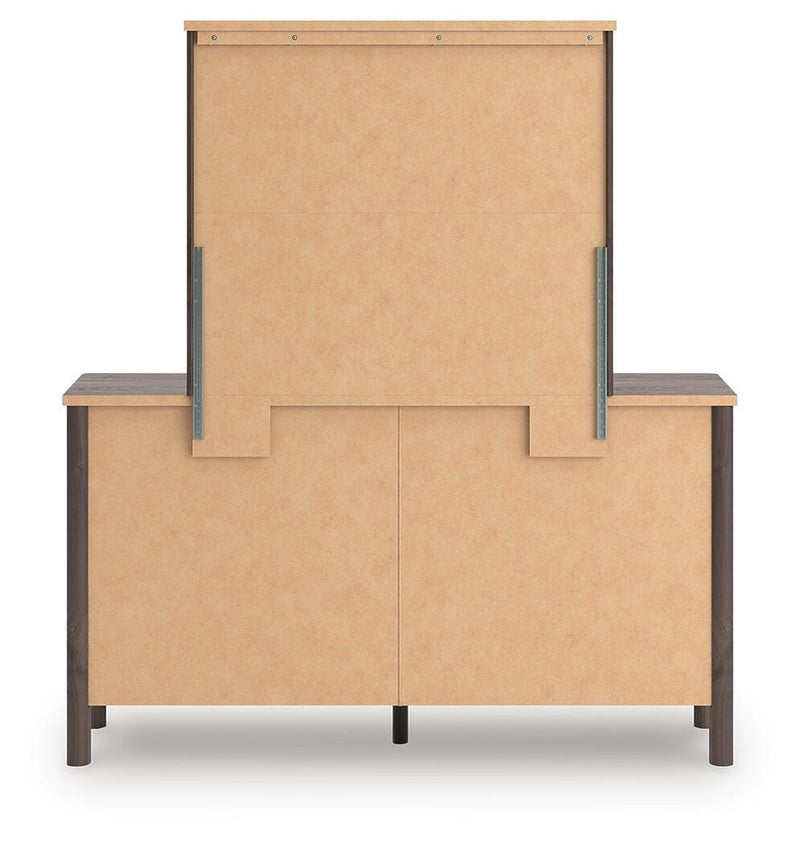 Ashley Furniture Pamytta dresser with mirror, featuring a modern wood finish and sleek design, shown from the back view.