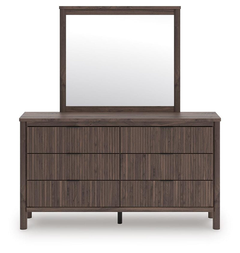 Ashley Furniture Pamytta dresser with matching mirror, featuring a modern wood finish and sleek design for bedroom storage.
