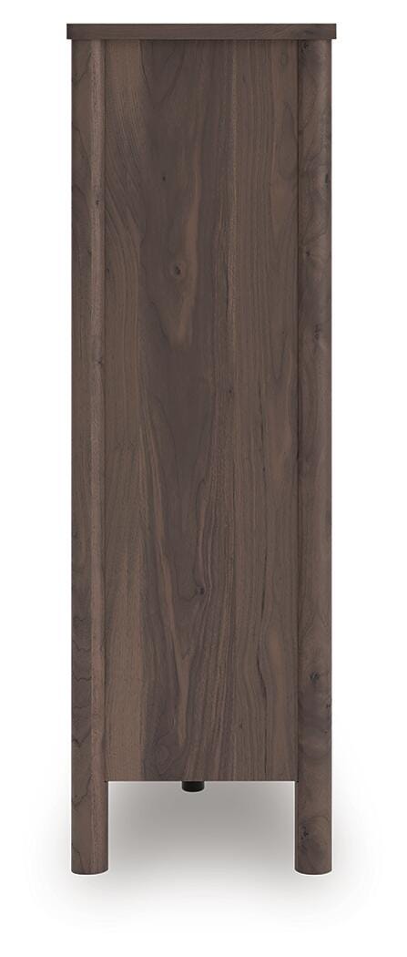 Ashley Furniture Pamytta wide chest of drawers with multiple drawers, dark wood finish, and sleek modern design.