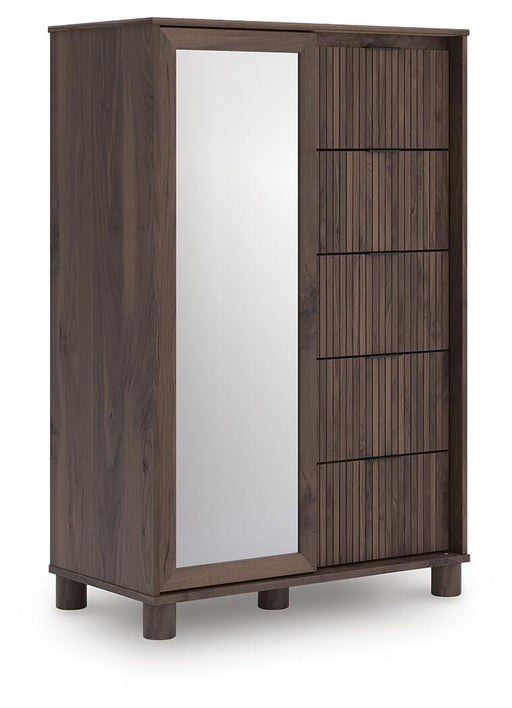 Ashley Furniture Pamytta Dressing Chest with angled drawer fronts and sleek wood finish, showcasing elegant bedroom storage.
