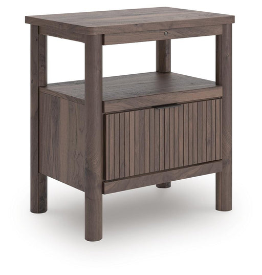 Ashley Furniture Pamytta nightstand with a modern design, featuring a dark wood finish and sleek hardware.