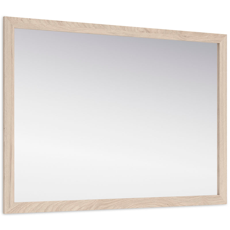 Ashley Furniture Cadmori bedroom mirror displaying a sleek, rectangular mirror with a wooden frame, angled to show its reflective surface.